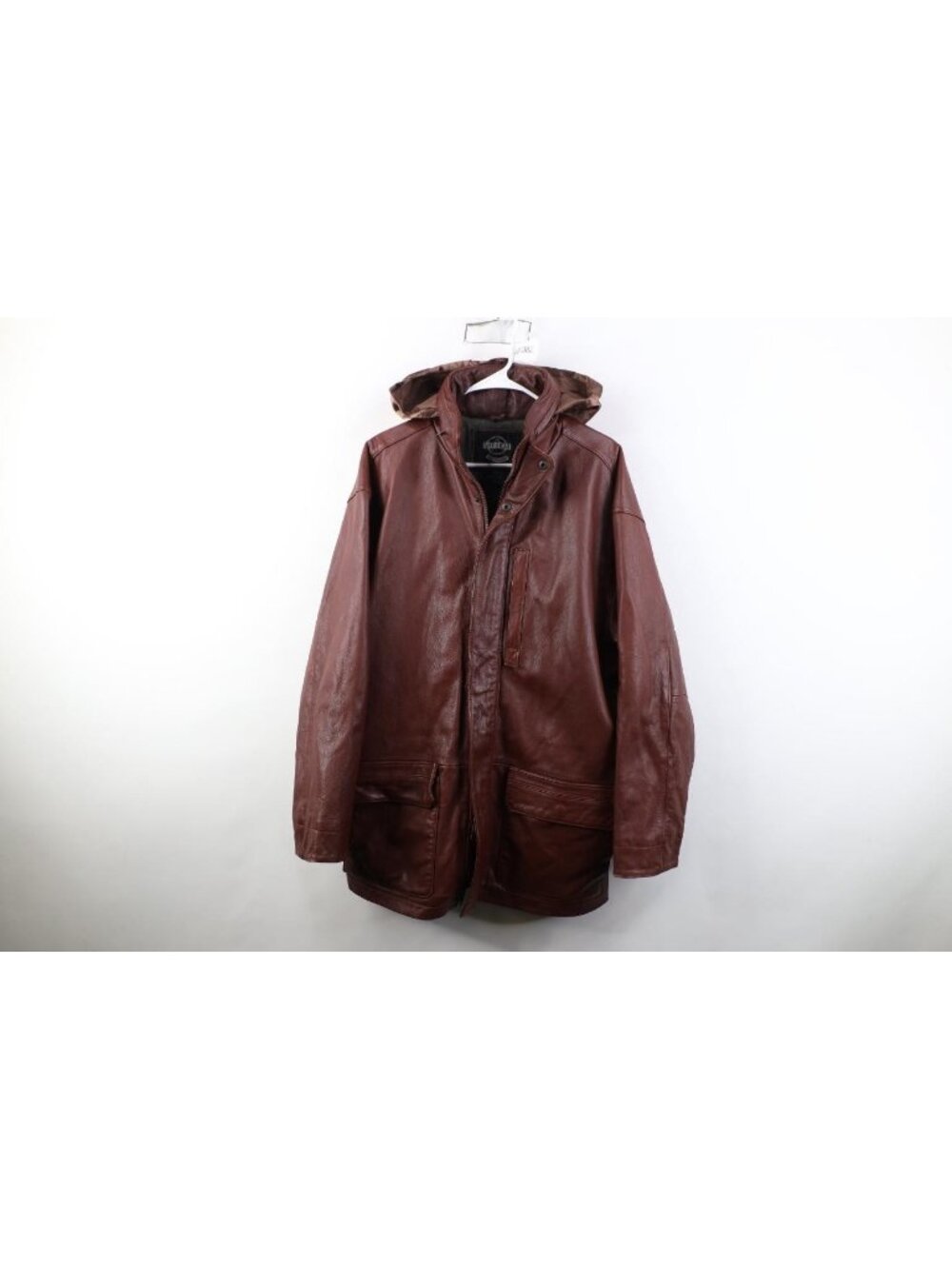 Vintage 90s Streetwear Mens Medium Quilted Leather Chore Barn Jacket Brown Hood